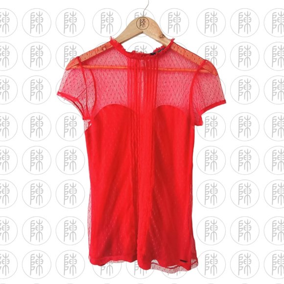 Guess Tops - Guess Red Lace Pleated Ruffle Polka Dot Blouse Top Size M